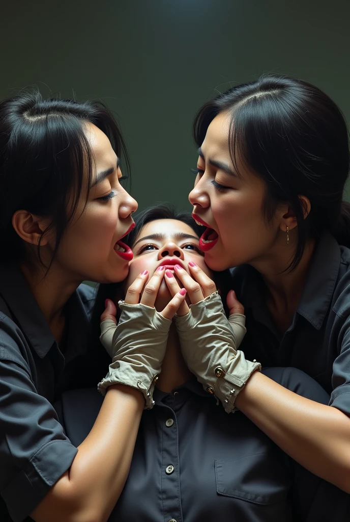 two Indonesian female teachers wearing fingernail gloves were strangling a woman's neck

