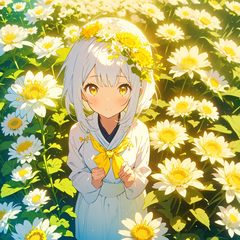 A girl among countless small white chrysanthemums with yellow centers