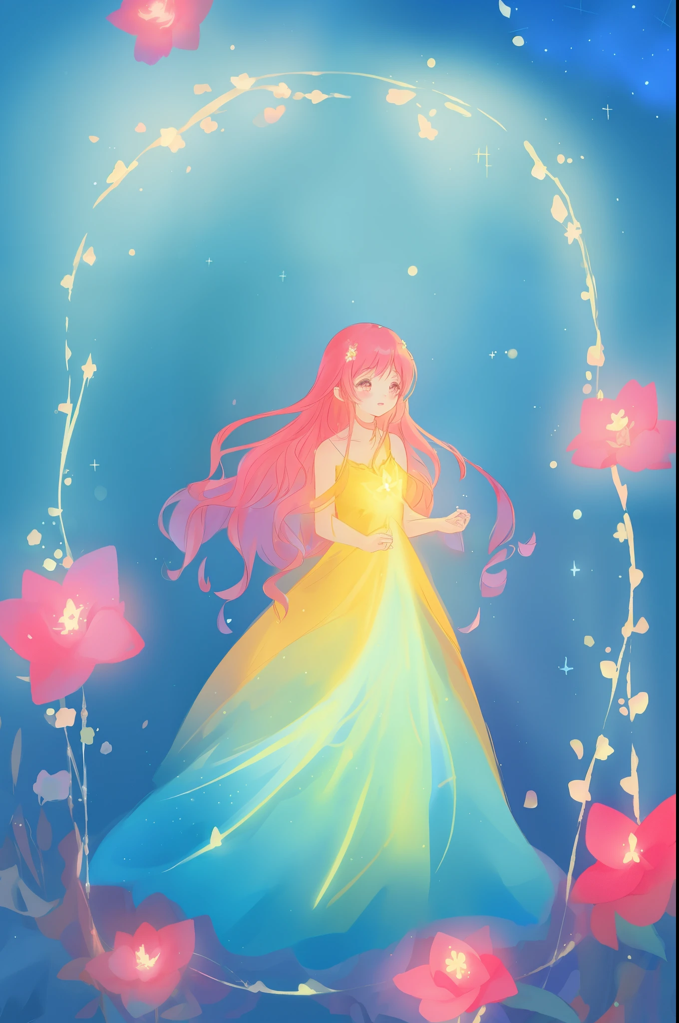 beautiful anime girl in flowing layered ballgown, vibrant pastel colors, (colorful), magical lights, magical flowers, flowers, glowing lights, red pink long wavy hair, sparkling lines of light, inspired by Glen Keane, inspired by Lois van Baarle, disney art style, by Lois van Baarle, glowing aura around her, by Glen Keane, jen bartel, glowing lights! digital painting, flowing glowing hair, glowing flowing hair, beautiful digital illustration, fantasia background, whimsical, magical, fantasy, beautiful face, ((masterpiece, best quality)), intricate details, highly detailed, sharp focus, 8k resolution, sparkling detailed eyes, liquid watercolor