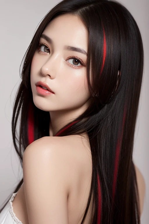 2D French girl with long black hair with ONE red streak and brown eyes, Skin color is white. A photo focusing on the face and hair.