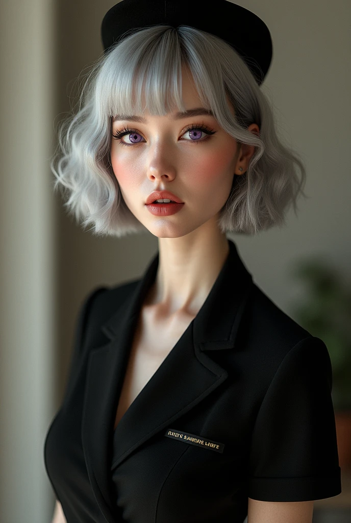 1girl,beautiful vintage color, instagram (photorealistic, high resolution:1.4), ((puffy eyes)), looking at viewer, , full body (8k, RAW photo, best quality, masterpiece:1.2), (realistic, photo-realistic:1.37),(sharp focus:1.2), professional lighting, photon mapping, radiosity, physically-based rendering, (pale skin:1.2),(small breasts:1.2), looking at viewer, (middle hair:1.5), portrait, purple eyes, (sliver hair:1.1),bangs, (simple background:1.4), solo, upper body, realistic,(masterpiece:1.4),(best quality:1.4),(shiny skin),fashi-girl,makeup,smile(skinny,closed mouth,shy :1.3) ,(standing,black Stewardess uniform,Necromancer:1.1),medium bust,sexy pose ,