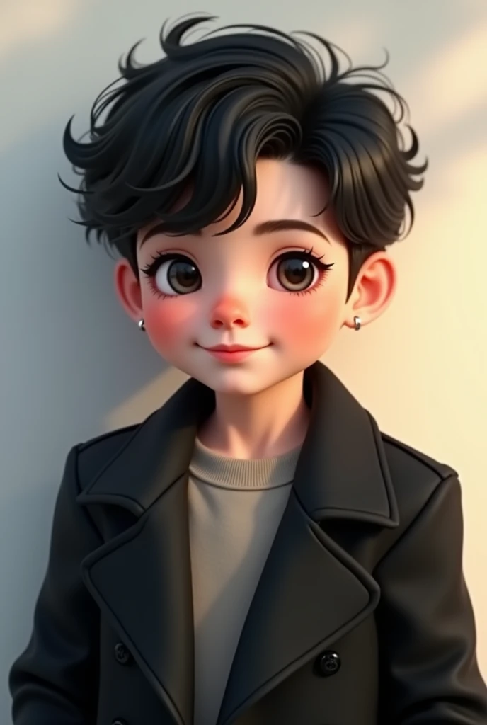 Create a cute boy face with black coat tiktok style hair 