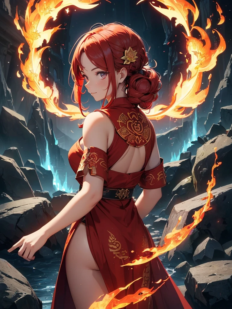 (((best quality, sharp image, clear image, cinematic lighting, 8k resolution, masterpiece, ultra detailed, intricate))) Girl, (((looking over shoulder))), shot from behind, ((half shot)), fire mage, cute, fiery red hair, pigtails in hair, (intricate dress), (white dress), ribbons in hair, smiling, fiery red, ((intricate Portal background)), ((fire magic)), candles, ((glowing runes on skin)), (flame patterns), ((fiery lotus flowers)), busy background., ((fire sigils)), (rock formations), Exploding rock, lavafalls, gauntlets, ((Red rubies)), busy background.