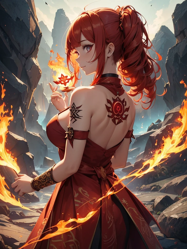 (((best quality, sharp image, clear image, cinematic lighting, 8k resolution, masterpiece, ultra detailed, intricate))) Girl, (((looking over shoulder))), shot from behind, ((half shot)), fire mage, cute, fiery red hair, pigtails in hair, (intricate dress), (white dress), ribbons in hair, smiling, fiery red, ((intricate Portal background)), ((fire magic)), candles, ((glowing runes on skin)), (flame patterns), ((fiery lotus flowers)), busy background., ((fire sigils)), (rock formations), Exploding rock, lavafalls, gauntlets, ((Red rubies)), busy background.