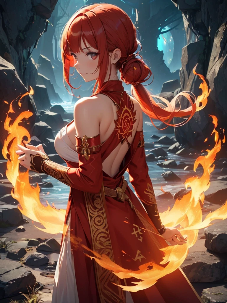 (((best quality, sharp image, clear image, cinematic lighting, 8k resolution, masterpiece, ultra detailed, intricate))) Girl, (((looking over shoulder))), shot from behind, ((half shot)), fire mage, cute, fiery red hair, pigtails in hair, (intricate dress), (white dress), ribbons in hair, smiling, fiery red, ((intricate Portal background)), ((fire magic)), candles, ((glowing runes on skin)), (flame patterns), ((fiery lotus flowers)), busy background., ((fire sigils)), (rock formations), Exploding rock, lavafalls, gauntlets, ((Red rubies)), busy background.