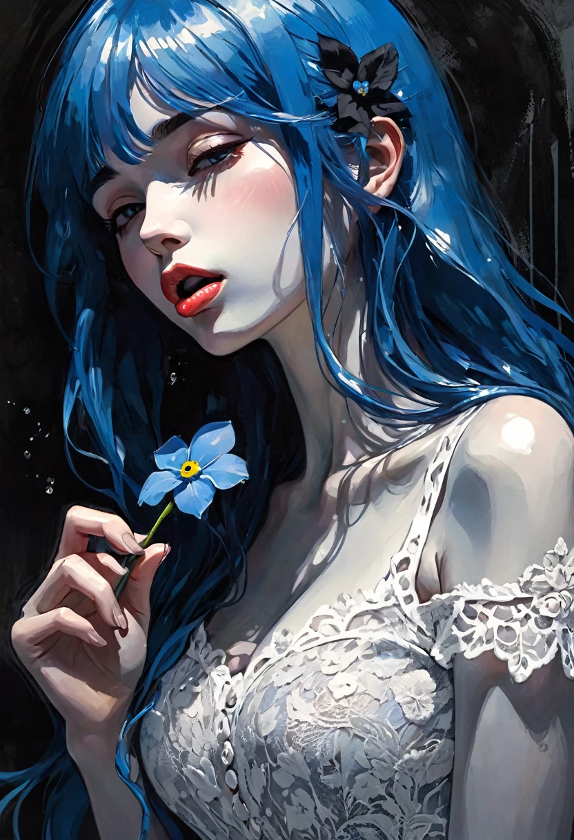 かんざし　かんざしさん(((masterpiece))), ((highest quality 16k)), (ephemeral:1.3), ((sexy girl)) ((nude)) ((detailed and delicate)), ((fantastic background)), ((long blue hair)), holding a small blue flower, look down, Forget-me-not, NEON COLOR, LOFI COLOR,eroticism, sexy, black and white image, between shadows, oil painting, chiaroscuro, sensual, dramatic lighting, moody atmosphere, photorealistic, intricate details, masterpiece, ultra-detailed, high quality, 8k, best quality, realistic, cinematic, dark and brooding, expressionistic, {{{,nsfw, fellatio, oral, licking_penis, hands on penis, looking down on, cum_in_mouth, cum_on_tongue, facial, bukkake}}}, },cute,ultra detailed skin,sketch}}}, ,}}},Bill Sienkiewicz and Dave Mckean inspired art
