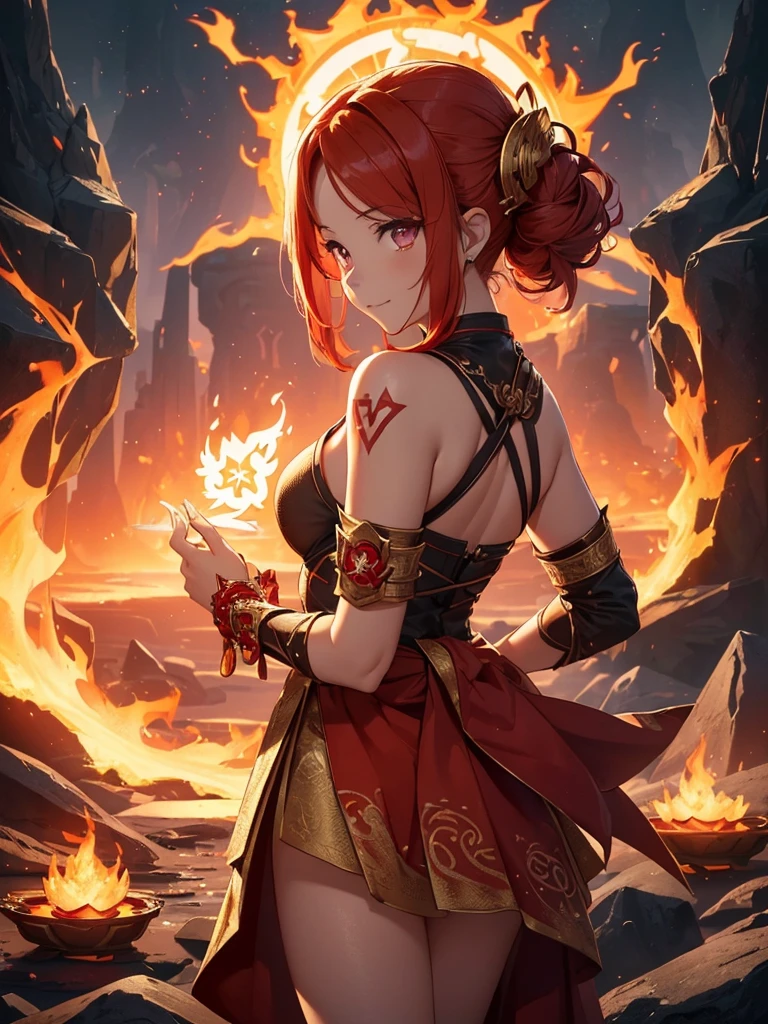 (((best quality, sharp image, clear image, cinematic lighting, 8k resolution, masterpiece, ultra detailed, intricate))) Girl, (((looking over shoulder))), shot from behind, ((half shot)), fire mage, cute, fiery red hair, pigtails in hair, (intricate dress), (white dress), ribbons in hair, smiling, fiery red, ((intricate Portal background)), ((fire magic)), candles, ((glowing runes on skin)), (flame patterns), ((fiery lotus flowers)), busy background., ((fire sigils)), (rock formations), Exploding rock, lavafalls, gauntlets, ((Red rubies)), busy background.