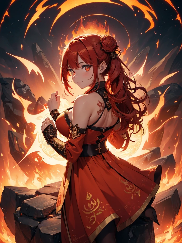 (((best quality, sharp image, clear image, cinematic lighting, 8k resolution, masterpiece, ultra detailed, intricate))) Girl, sorcerer, cute, intricate dress, smiling, fiery red, ((intricate background)), (rune frame), dimension, ((shot from behind)), fire sigils, chaotic background, ((half-body shot))