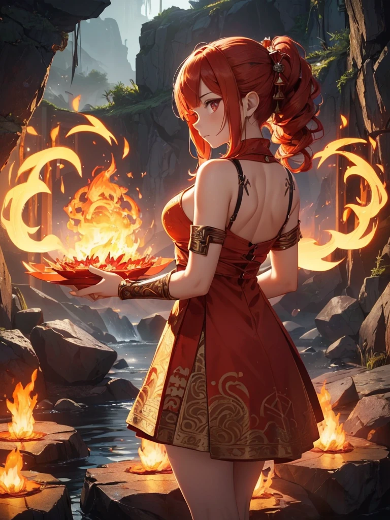 (((best quality, sharp image, clear image, cinematic lighting, 8k resolution, masterpiece, ultra detailed, intricate))) Girl, (((looking over shoulder))), shot from behind, ((half shot)), fire mage, cute, fiery red hair, pigtails in hair, (intricate dress), (white dress), ribbons in hair, smiling, fiery red, ((intricate Portal background)), ((fire magic)), candles, ((glowing runes on skin)), (flame patterns), ((fiery lotus flowers)), busy background., ((fire sigils)), (rock formations), Exploding rock, lavafalls, gauntlets, ((Red rubies)), busy background.