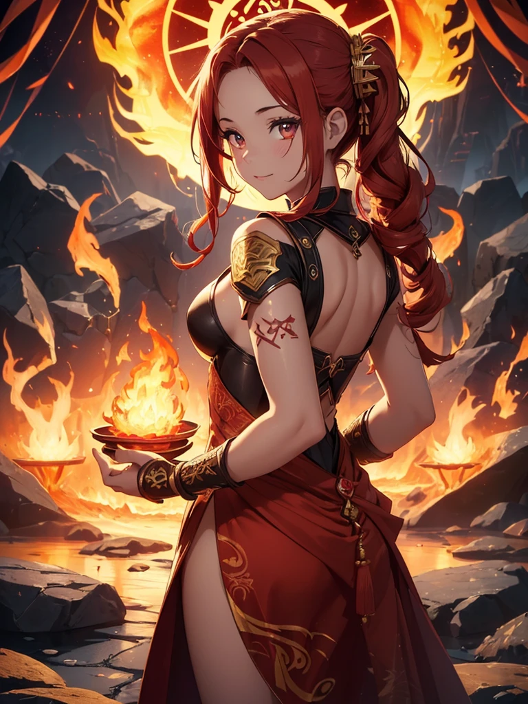 (((best quality, sharp image, clear image, cinematic lighting, 8k resolution, masterpiece, ultra detailed, intricate))) Girl, (((looking over shoulder))), shot from behind, ((half shot)), fire mage, cute, fiery red hair, pigtails in hair, (intricate dress), (white dress), ribbons in hair, smiling, fiery red, ((intricate Portal background)), ((fire magic)), candles, ((glowing runes on skin)), (flame patterns), ((fiery lotus flowers)), busy background., ((fire sigils)), (rock formations), Exploding rock, lavafalls, gauntlets, ((Red rubies)), busy background.