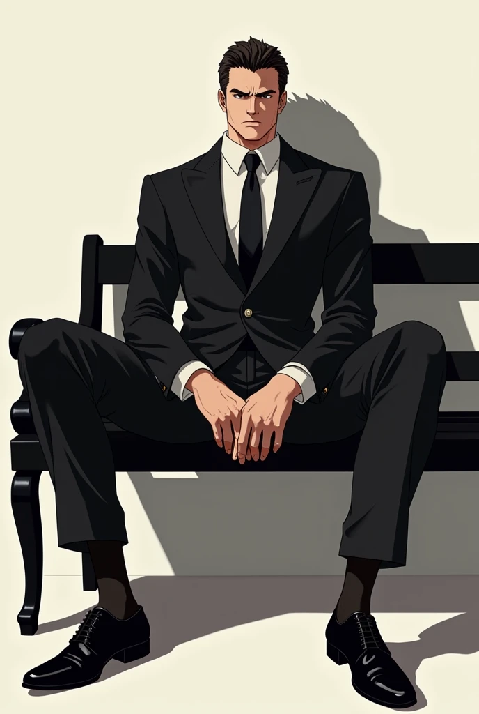 anime art: a suited masculine guy wearing black transparent sheer socks manspreading on a bench, big bulge