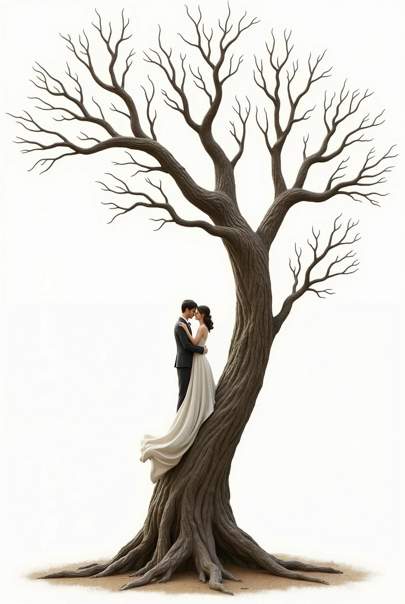 "A tree with a robust trunk and few branches without leaves and without flowers. On the tree trunk, There is a couple at their wedding. The background is transparent."