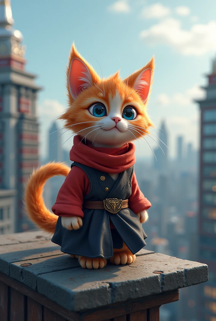 Ninja cat in a city of the future。on top of a building。Three Times Ox。Real。spirited。
