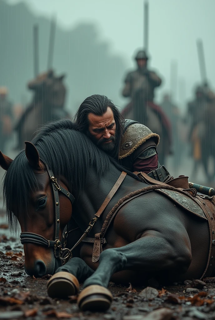 an injured ancient soldier looking devastated and crying beside his horse on the floor during battle. the background looking gloomy with chaos with swords flying and people dying. the background blurred out. no soldiers and horses in the background. rain falling