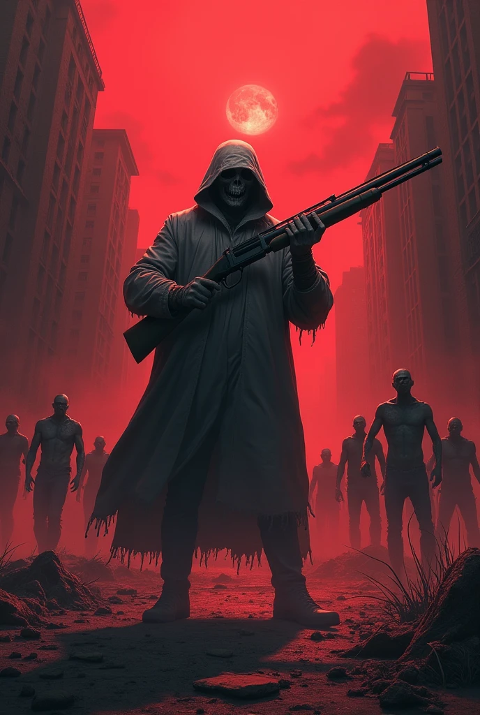 Death city zombies main character ghost and sawed off shotgun stage with red dominant, many zombies behind