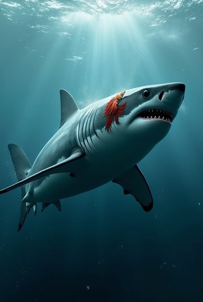 (photorealism:1.2), Great white shark running with a Betta fish logo