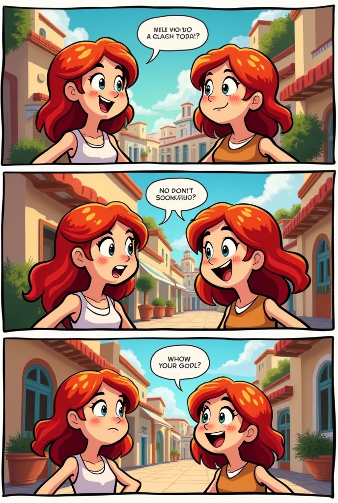 Comic strip featuring a red-haired Greek brother and sister couple
(Dialogue)
-- oi Morgan
-- oi Nick
