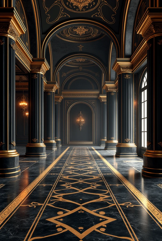 A medieval palace hall with a black marble floor with gold detailing and black marble walls with gold detailing