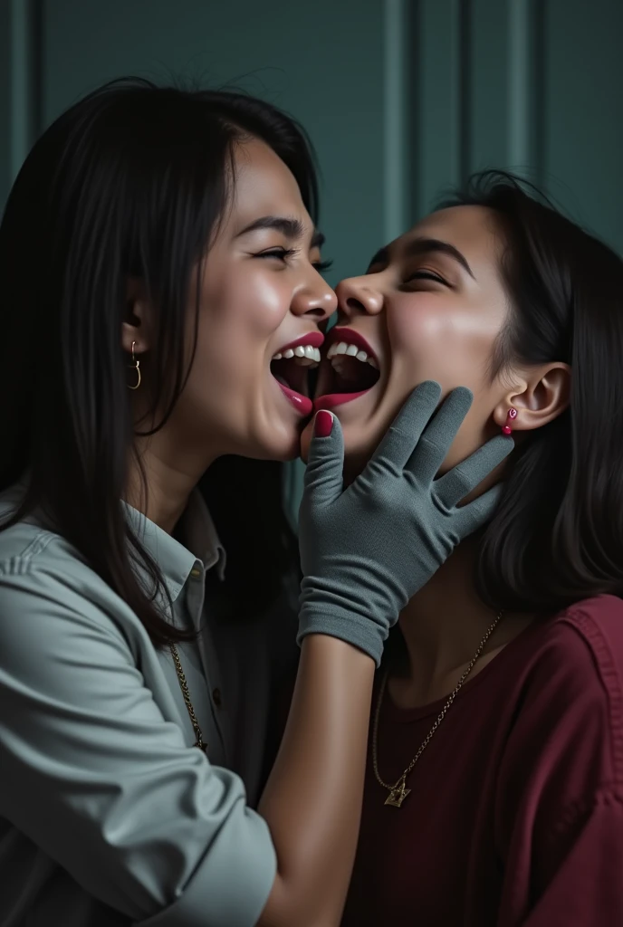 two Indonesian female teachers wearing nail gloves were strangling a woman's neck
