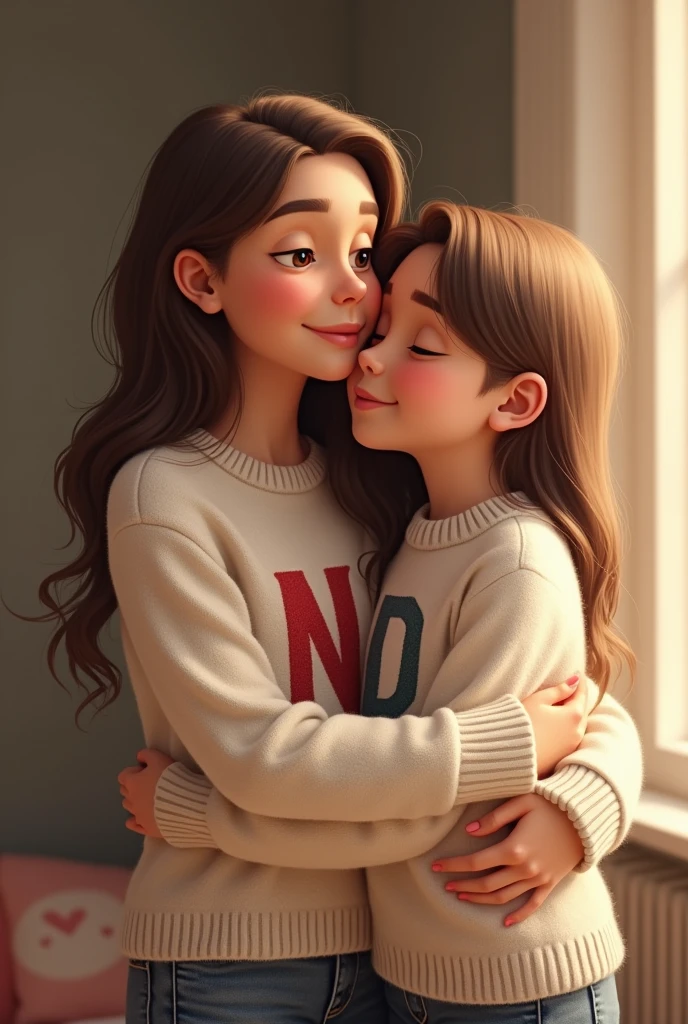Mother with the initial N on her sweater and son with the initials D on his sweater