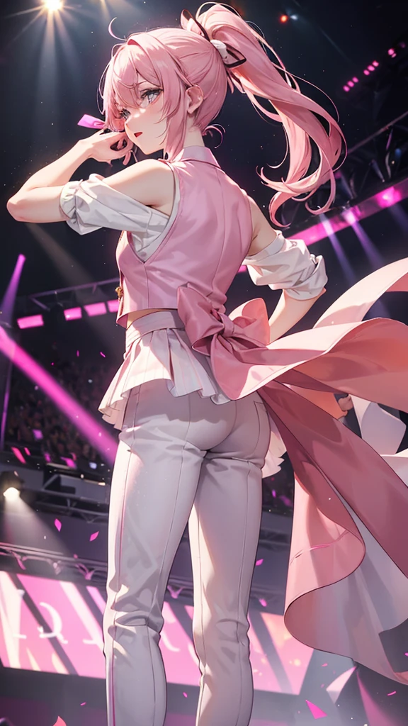 ((Best quality)), ((masterpiece)), (detailed), 1 male, white fluffy shoulder-length hair tied in a ponytail with a pink ribbon, yellow pupils, red light blush, delicate red lipstick, pink shadow, eyelashes, pale skin, wearing a white shirt, pink vest with purple vertical stripes, light pink pants, men's shoes. Standing on stage, holding a microphone in his hand. Pink sequins, spotlight 
