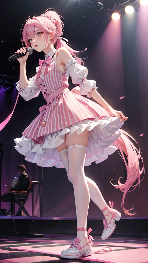 ((Best quality)), ((masterpiece)), (detailed), 1 male, white fluffy shoulder-length hair tied in a ponytail with a pink ribbon, yellow pupils, red light blush, delicate red lipstick, pink shadow, eyelashes, pale skin, wearing a white shirt, pink vest with purple vertical stripes, light pink pants, men's shoes. Standing on stage, holding a microphone in his hand. Pink sequins, spotlight 