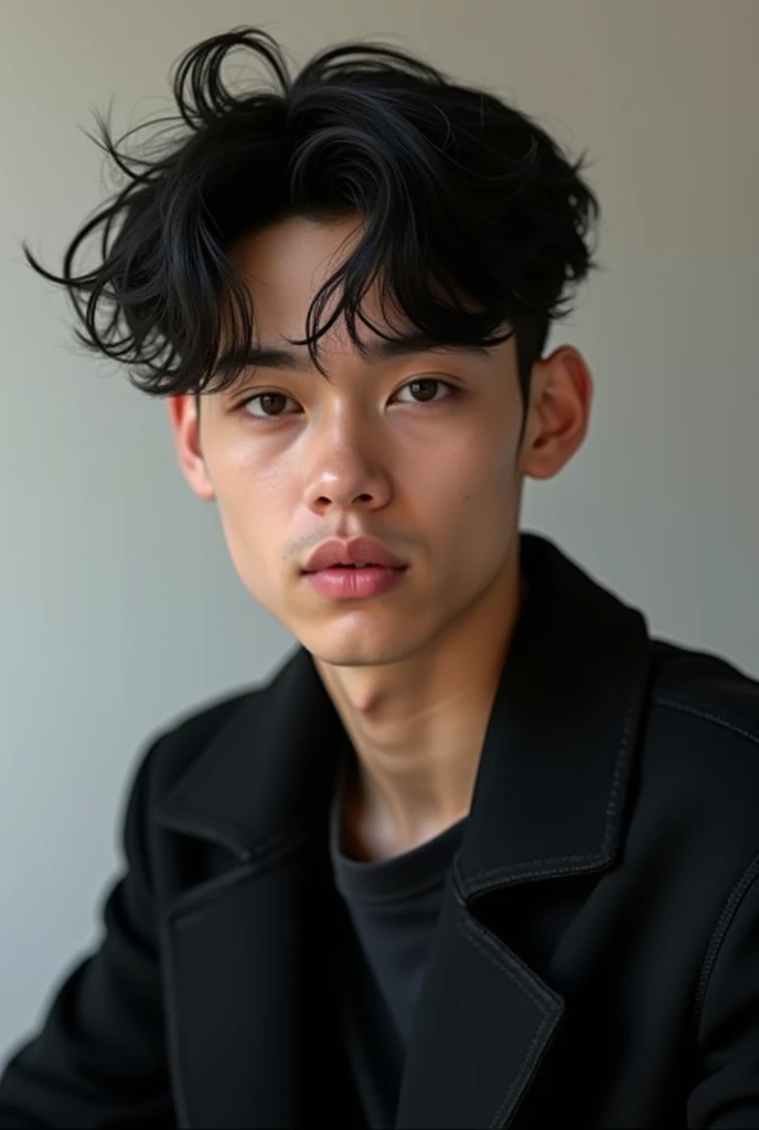 Create a boy face with black coat tiktok style hair