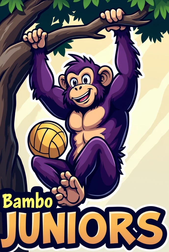 create logo of volleyball team with monkey hanging of a tree with a volleyball ball and with purple monkey and make a text that says "bambo juniors
" make monkey muscular with big hanging dick