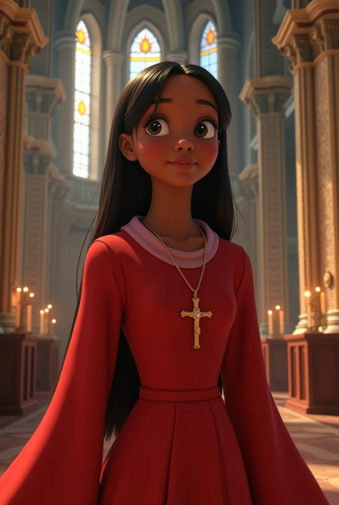 Disney-inspired 3D poster of a young black woman with straight hair tied up, wearing a red acolyte's robe with sleeves ,with crucifix around his neck, inside a church