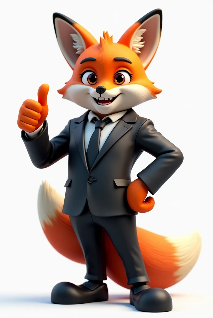 Fox in black computer suit giving thumbs up for full body 3D photo on transparent background