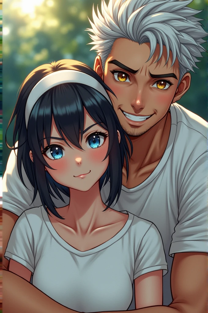 Very handsome man with silver hair and golden eyes hugging from behind a beautiful girl with black hair and blue eyes dressed as a tennis player