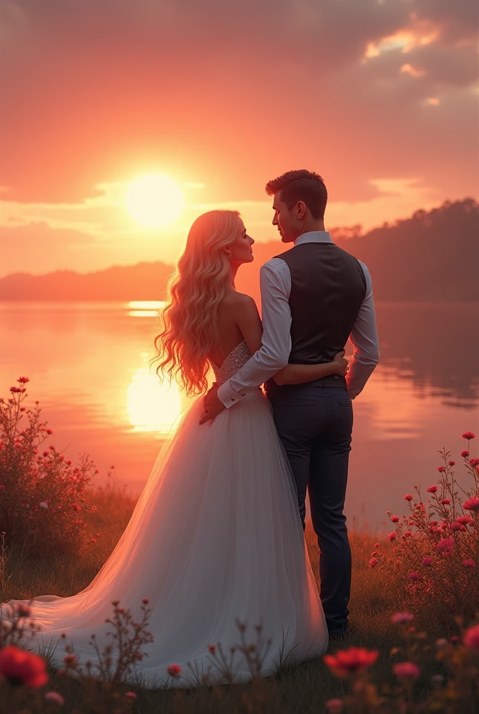 A landscape image, with sunset, Ao fundo, in background whith, A woman dressed as a bride, tall and blonde and the tall groom, dark  brown hair,slightly gray at the temples At the top of the image the words: "Simone and Rodrigo"
At the bottom the words: "September 16, 2024 - 3:00 p.m."