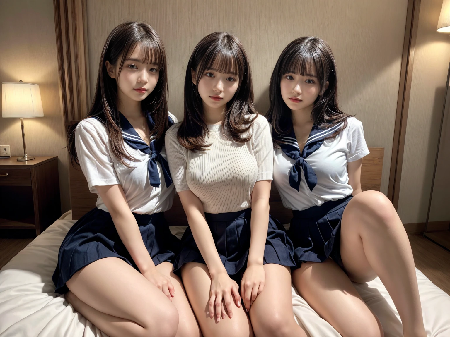 masterpiece, best quality, illustration, Super detailed, fine details, High resolution, 8K,wall paper, perfect dynamic composition,(Details High quality, realistic depiction of eyes:1.3), (3 girls), Black Sailor Uniform, serafuku, Navy pleated skirt, sitting, open legs, short bob hair, in a hotel room in the background, deep on field, large breasts, black hair color, Big Natural Color Lip, (perfect body shape), crying a little、Harajuku style、20 year old girl、cute type、beautiful legs, Gravure Idol