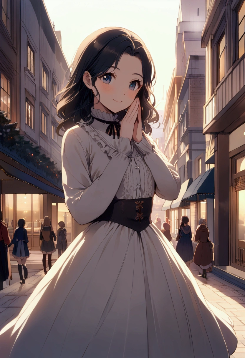 (morning), 1 Girl, solo, Looking at the audience, winter, Cowboy shooting, (city center), Cowboy shooting, Smile, Black Hair,18th century Swedish girl,
