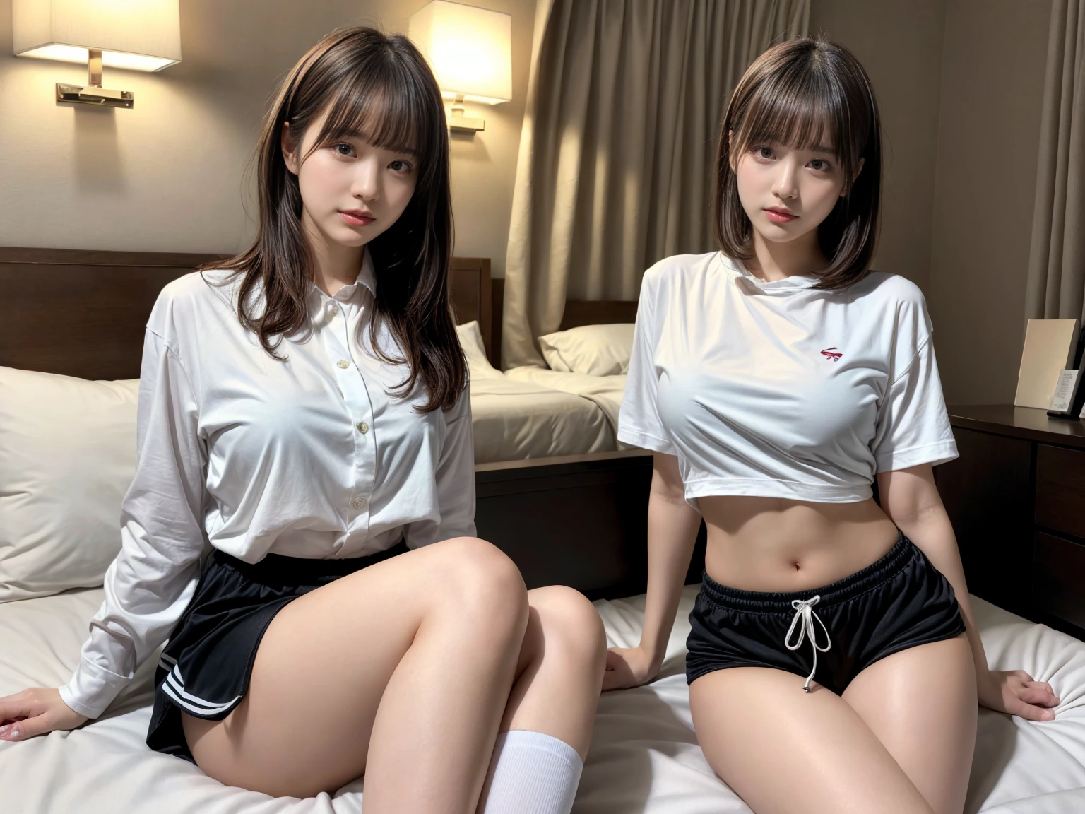 masterpiece, best quality, illustration, Super detailed, fine details, High resolution, 8K,wall paper, perfect dynamic composition,(Details High quality, realistic depiction of eyes:1.3), (2 girls), oversized sport shirt, shorts women, sitting, open legs, short bob hair, in a hotel room in the background, deep on field, large breasts, black hair color, Big Natural Color Lip, (perfect body shape), crying a little、Harajuku style、20 year old girl、cute type、beautiful legs, Gravure Idol