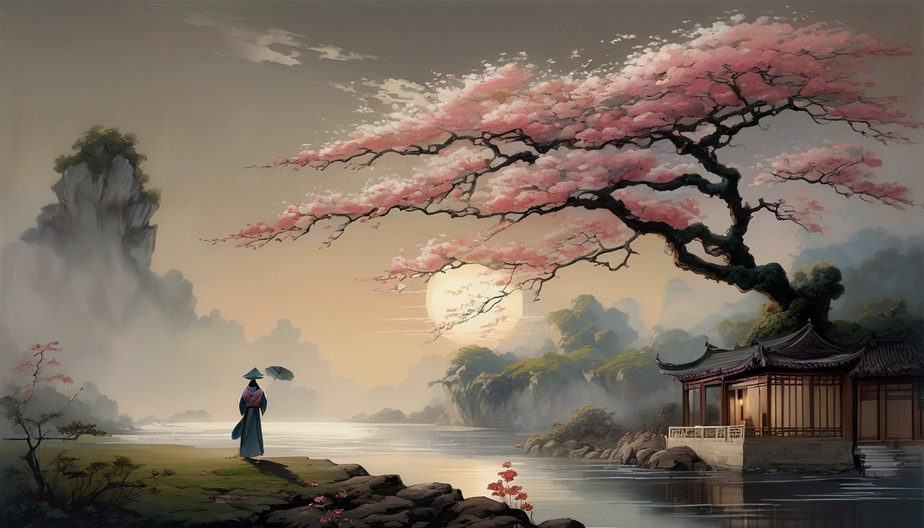 In a secluded garden, The focus is on a single flower gently swaying in the breeze. The use of delicate, detailed lines on the flower against the broader, a hazier background creates a poignant effect, Intimate moment that speaks of personal reflection and private musings.. A poetic and romantic visual style inspired by traditional Chinese ink painting., with delicate brushstrokes, fluid movements, and serene landscapes. The use of muted colors and soft lighting to evoke a sense of nostalgia and introspection..