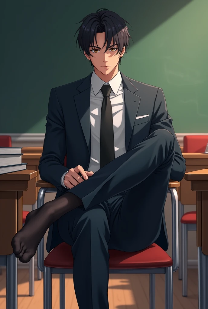 anime art: a suited masculine guy wearing black transparent sheer socks sat on a chair with his legs up on the desk insie a classroom