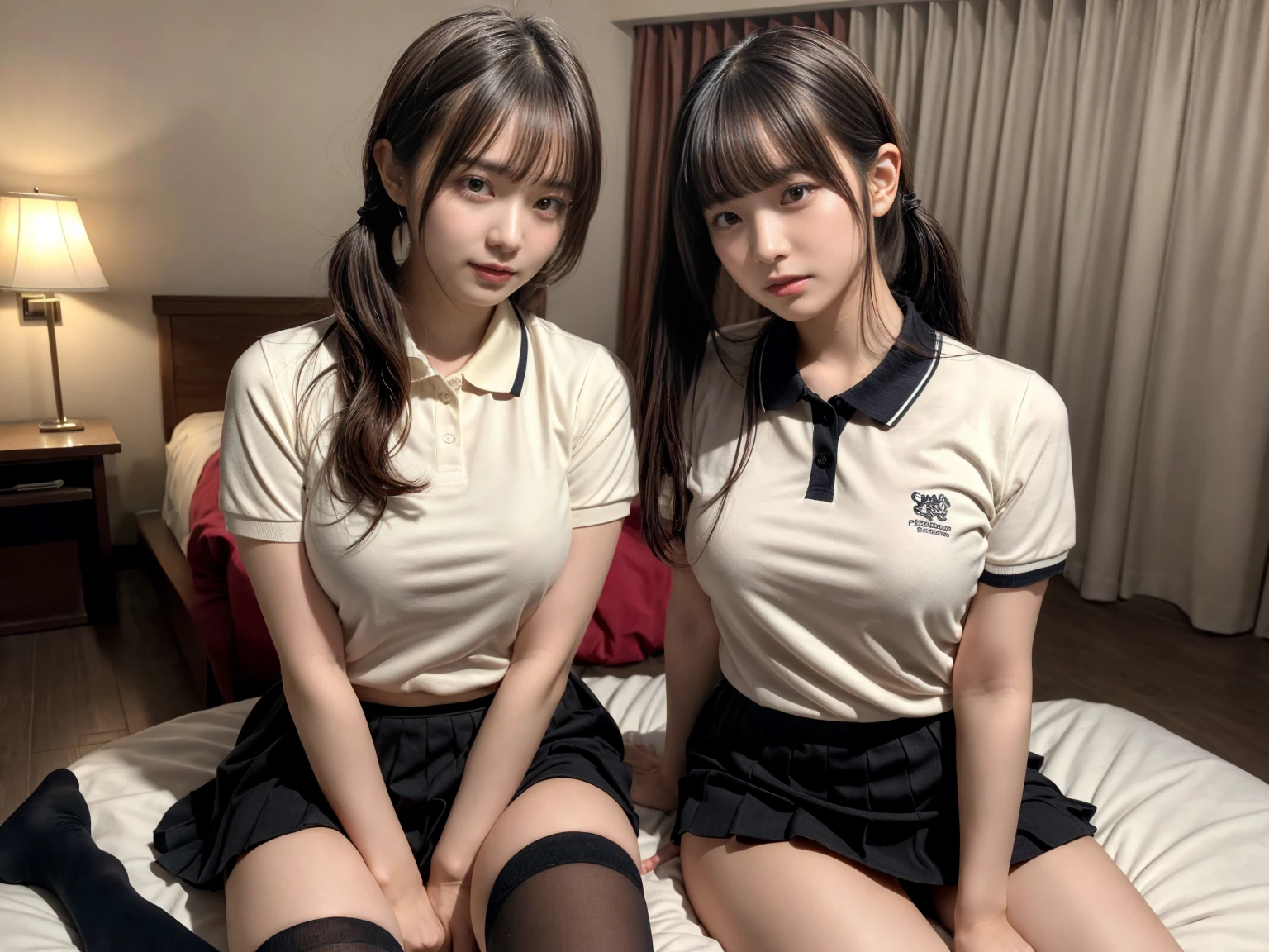masterpiece, best quality, illustration, Super detailed, fine details, High resolution, 8K,wall paper, perfect dynamic composition,(Details High quality, realistic depiction of eyes:1.3), (2 girls), (collared polo shirt), pleated skirt, knee high socks, twin tails, sitting, open legs, in a hotel room in the background, deep on field, large breasts, black hair color, Big Natural Color Lip, (perfect body shape), crying a little、Harajuku style、20 year old girl、cute type、beautiful legs, Gravure Idol