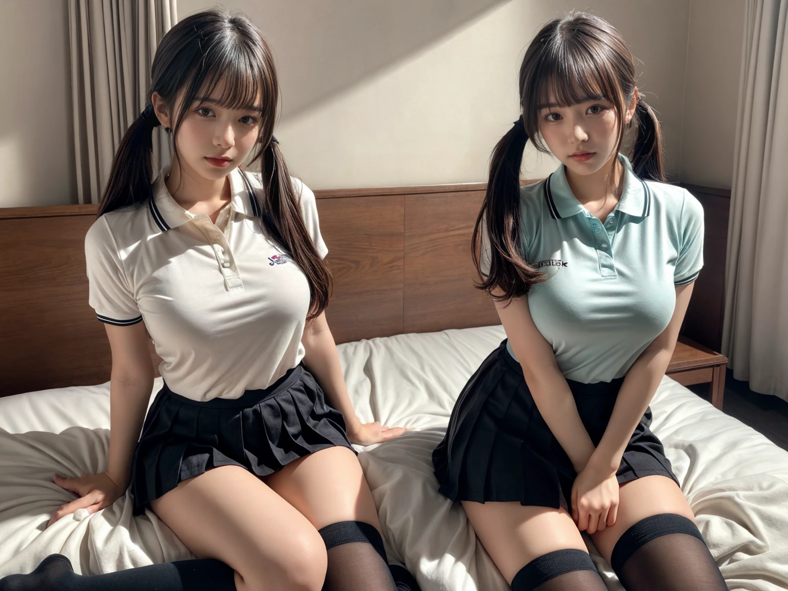 masterpiece, best quality, illustration, Super detailed, fine details, High resolution, 8K,wall paper, perfect dynamic composition,(Details High quality, realistic depiction of eyes:1.3), (2 girls), (collared polo shirt), pleated skirt, knee high socks, twin tails, sitting, open legs, in a hotel room in the background, deep on field, large breasts, black hair color, Big Natural Color Lip, (perfect body shape), crying a little、Harajuku style、20 year old girl、cute type、beautiful legs, Gravure Idol