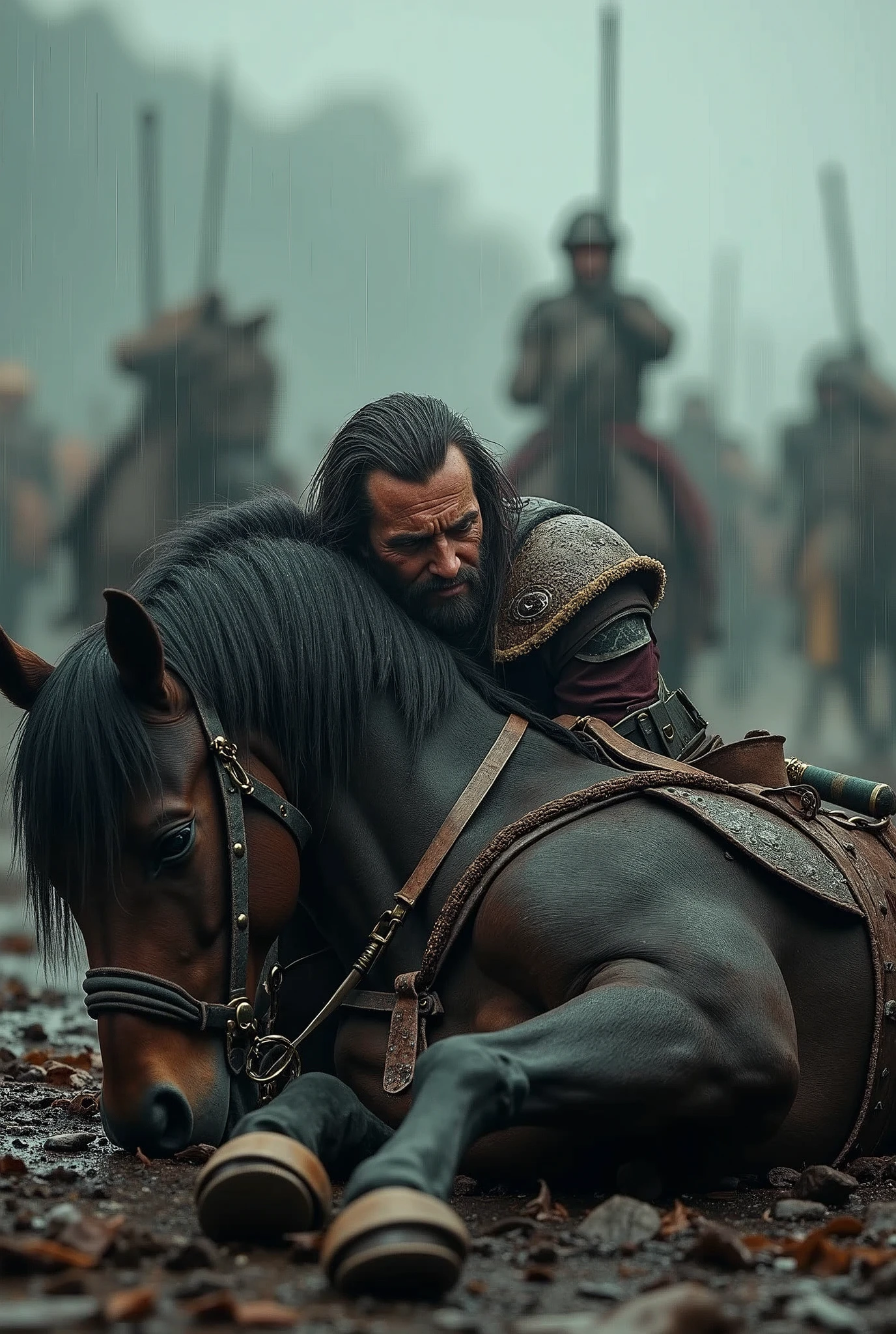 an injured ancient soldier looking devastated and crying beside his horse on the floor during battle. the background looking gloomy with chaos with swords flying and people dying. the background blurred out. no soldiers and horses in the background. rain falling