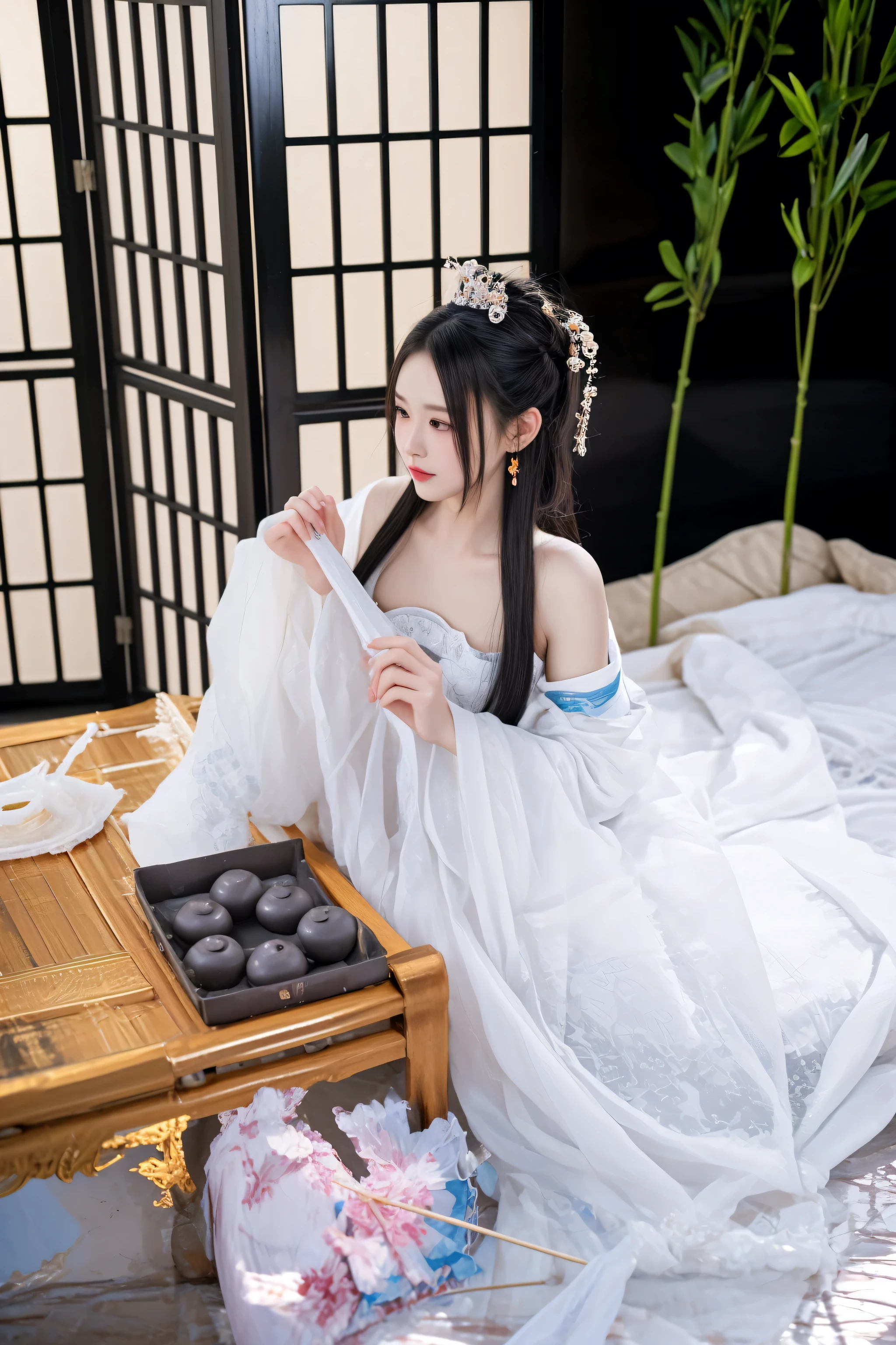 there is a woman in a white dress sitting on a bed, white hanfu, palace , a girl in hanfu, hanfu, wearing ancient chinese clothes, with acient chinese clothes, a beautiful fantasy empress, chinese fantasy, xianxia fantasy, chinese costume, full body xianxia, anime girl cosplay, traditional chinese clothing