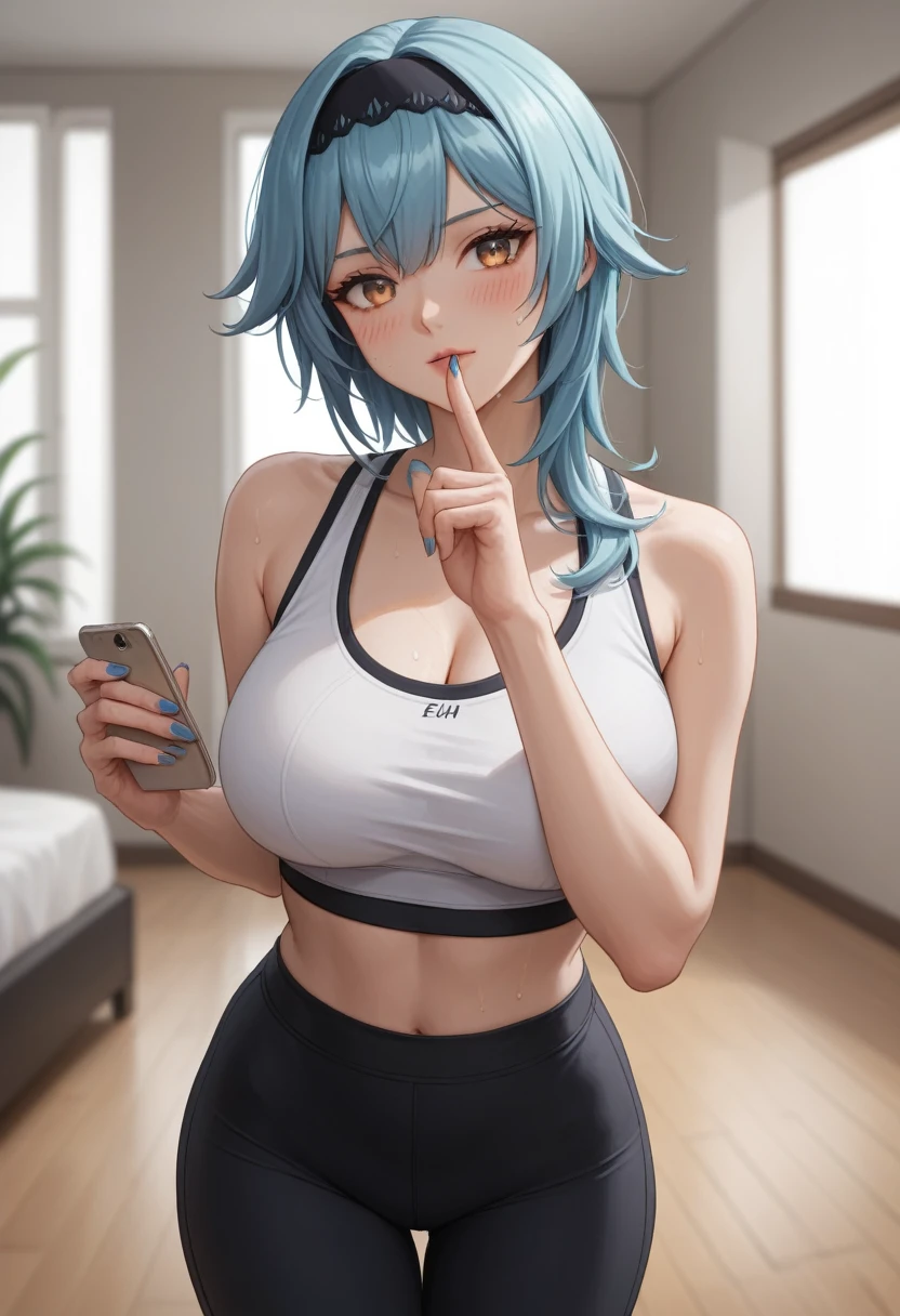 1girl, solo, breasts, looking at viewer, blush, bangs, large breasts, holding, bare shoulders, blue hair, yellow eyes, ass, thighs, sweat, hairband, midriff, pants, indoors, medium hair, nail polish, crop top, v, phone, black pants, cellphone, black hairband, smartphone, finger to mouth, blue nails, holding phone, sports bra, selfie, crop top overhang, twisted torso, tight pants, yoga pants, high-waist pants, eula \(genshin impact\)