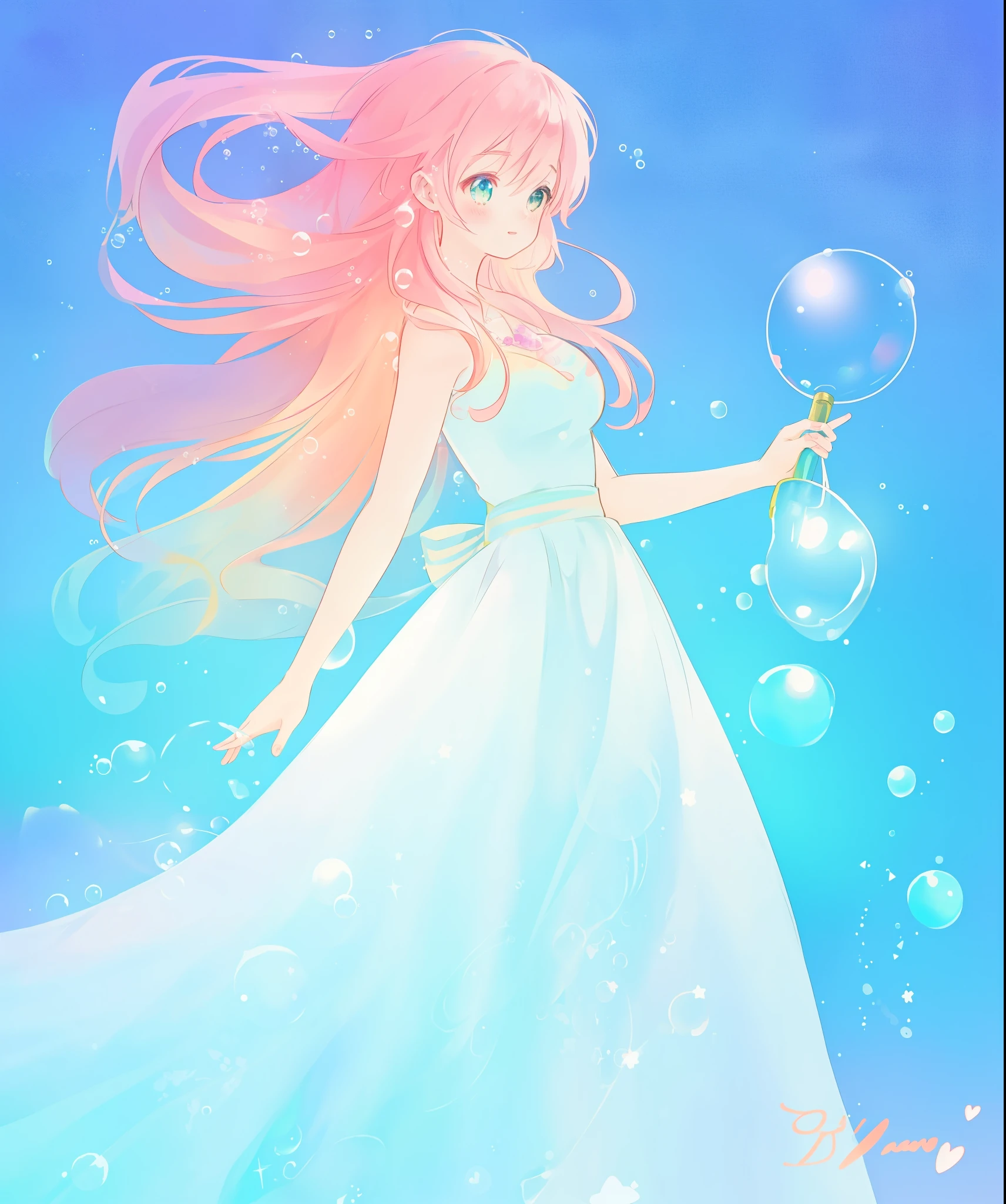 beautiful anime girl in a sparkling ballgown dress, ((50bubbles)), vibrant pastel colors, flowing long pink peach hair, (colorful), magical lights, inspired by Glen Keane, inspired by Lois van Baarle, disney art style, by Lois van Baarle, glowing aura around her, by Glen Keane, jen bartel, glowing lights! digital painting, flowing glowing hair, glowing flowing hair, beautiful digital illustration, fantasia background, whimsical, magical, fantasy, beautiful face, ((masterpiece, best quality)), intricate details, highly detailed, sharp focus, 8k resolution, sparkling detailed eyes, liquid watercolor, (((bubbles)))