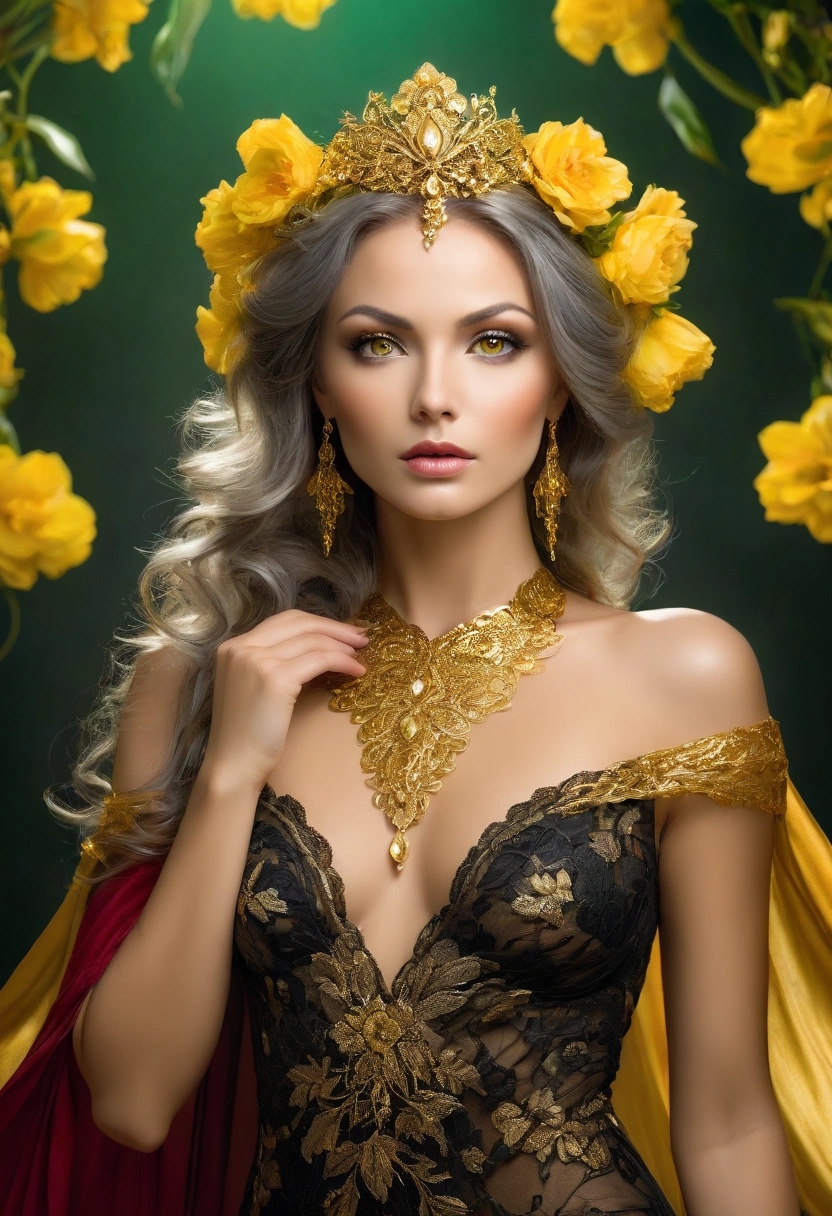 a woman in a black dress in delicate red floral, lace, detailed and intricate, posing for a photo, beautiful goddess, green eyes, karol bak uhd, jaw-dropping beauty, sexy girl, draped in gold, gray studio background, flowers, flash of yellow light in the background, light incident on the hair. Beautiful woman, with beautiful exotic woman, beautiful beautiful woman, beautiful yellow woman, wrapped in silky gold, golden goddess, jaw-dropping beauty, beautiful and beautiful, seductive lady, very beautiful woman, Nikon D7000 camera, 35mm, f16, speed 125sec, Barbara Hammer 4k
