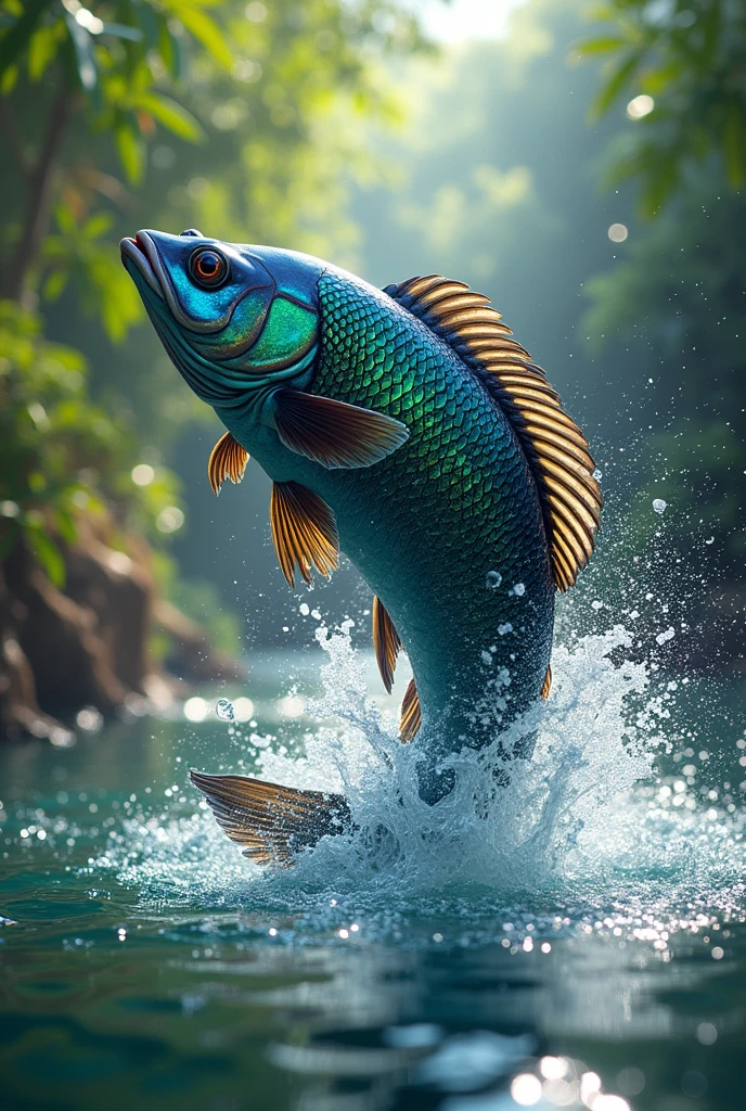 create an image of a peacock bass jumping, with the image format in png.
