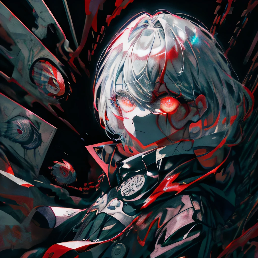 a closeup of a, big eyes, Eyes, compound eyes, Unique pupils, Unusual pupils,kaneki, monochrome, radioactive light, anime2018::1, red::1, neoncolor::1,, detail 1.5, detail face, ultra quality, ultra graphics, bloom 1.0, ghoul, depression, ultra realistic, anime irl,anime boy, dark style, HDR, RTX, body crumbles , detailed face,soft lighting, by makoto shinkai,digital painting,looking into camera", 8K, extra limbs,big dreamy eyes,blurry, smooth soft skin, cloned face, symmetrical,neon liquid flows from the eyes,anime Art,photo, face cracking , Key: red, eye blood, realistic, realistic light, realistic anime, realistic shadows, liquid dripping from wood,depressive, clouds, sakura, spider lily , detailed eyes, eye focus, eye lashes, fluffy bottom eyelashes:1.5, pale face, very red eyes, gloomy atmosphere, scary picture, forest, fog, neon red liquid flows from the trees, dark atmosphere, body crumbles, braids, rain, blood on the ground, fire, close-up eyes,best generation, ultra generation, generation 3000, 2048×2048, face detailing, clothing detailing, symmetrical balance, tokyo ghoul, ghoul, kaneki, anime 2020, water and sky, black hair,detailed hair, Tokyo ghoul, kaneki, ghoul, depressive art, depression, boredom, sadness, cry, pain, black smoke, black energy, tentacles, kagune, blood, blood on the face, sea of blood, chains, barbed wire, fire, wide angle camera, many small details, spider lily, sakura, licorice, scalopendra, black background, hole in the body, dead inside, dead art, lying on the grass, manga style, comic style, multiple frames, the body is destroyed, manga Page, eyes everywhere, many eyes in the background, drawing of Ishida sui, art of Ishida sui, in the style of Ishida sui, two people, in full growth, depressive posture, spider lily flowers grow from the eye and body, poses for art, junji ito art, twins art, anime boy, kaneki manga, kaneki art, reflection in water, reflection on a surface, an eye made of a fl