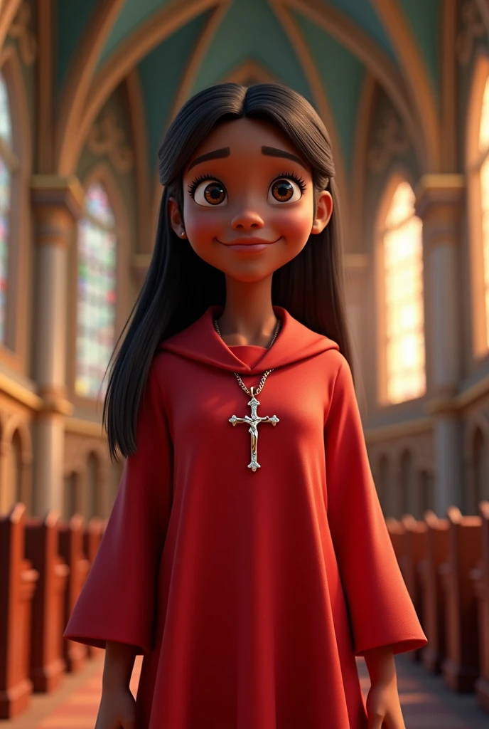 Pixar-inspired 3D poster of a young black woman with straight hair tied up, wearing a red acolyte's robe with sleeves ,with crucifix around his neck, inside a church