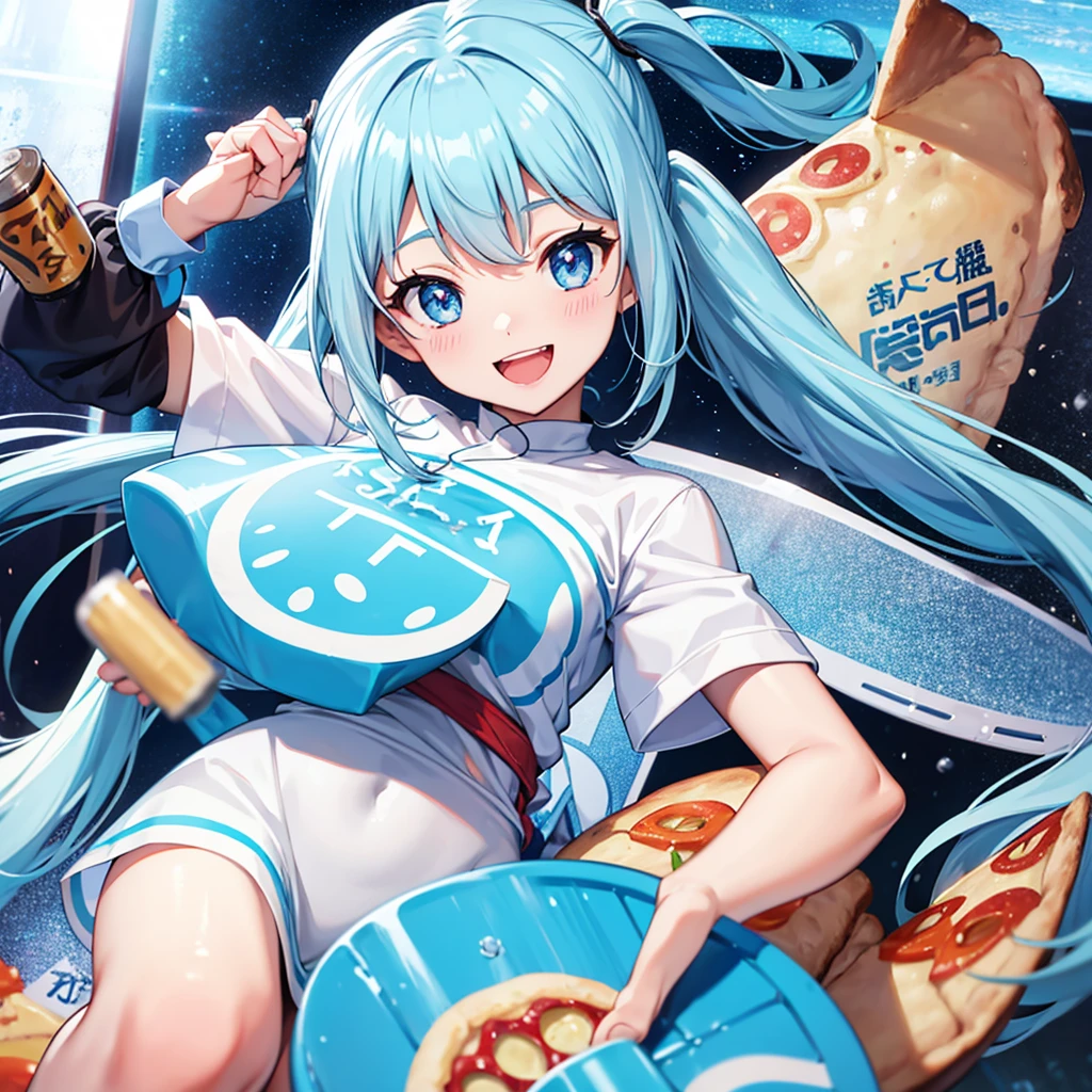 Tabletop, Highest quality, 1 person、Light blue long hair、Beautiful girl with twin tails、Holding (giant pizza slice)1.5、good、Big smile、Plastic bottles of cola、