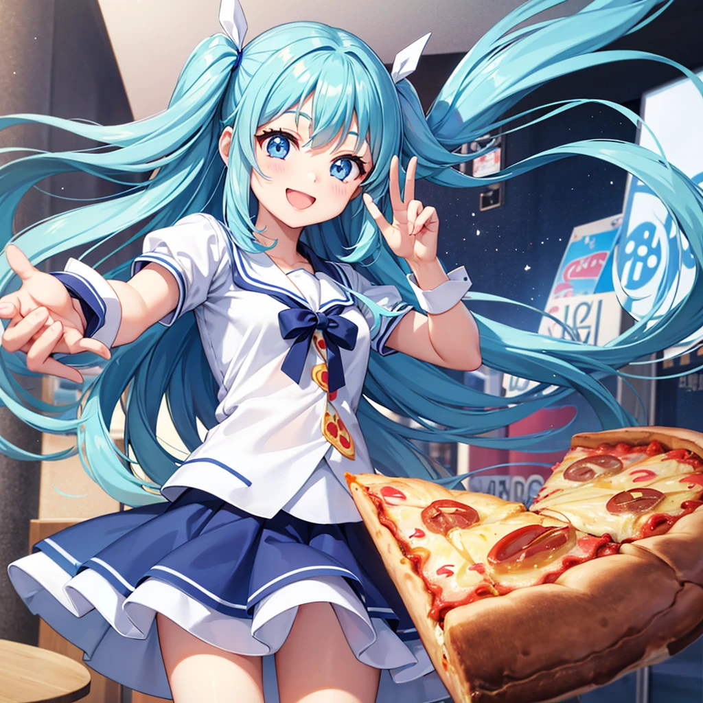 Tabletop, Highest quality, 1 person、Light blue long hair、Beautiful girl with twin tails、Holding (giant pizza slice)1.5、good、Big smile、Plastic bottles of cola、