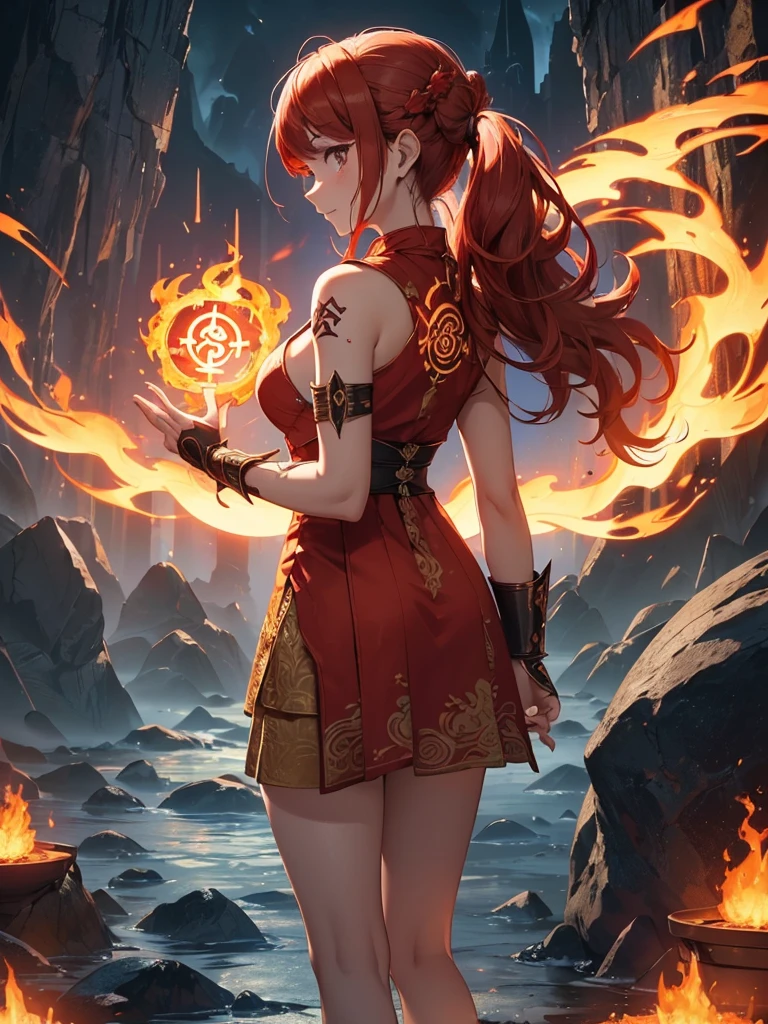 (((best quality, sharp image, clear image, cinematic lighting, 8k resolution, masterpiece, ultra detailed, intricate))) Girl, (((looking over shoulder))), shot from behind, ((half shot)), fire mage, cute, fiery red hair, pigtails in hair, (intricate dress), (white dress), ribbons in hair, smiling, fiery red, ((intricate Portal background)), ((fire magic)), candles, ((glowing runes on skin)), (flame patterns), ((fiery lotus flowers)), busy background., ((fire sigils)), (rock formations), Exploding rock, lavafalls, gauntlets, ((Red rubies)), busy background.